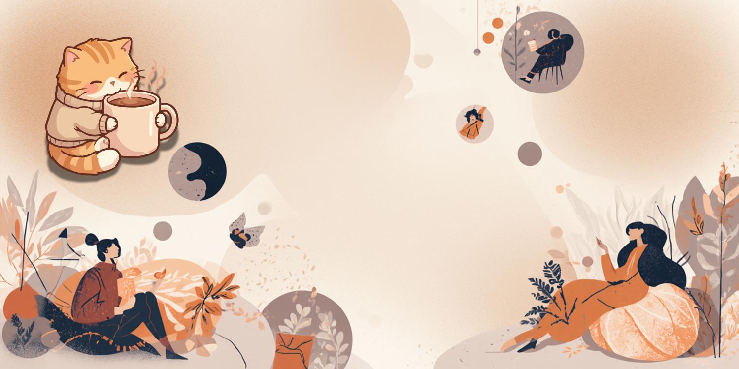 Illustration panoramique dans les tons beige, terracotta et cr&egrave;me repr&eacute;sentant une ambiance de caf&eacute; cocooning. En haut &agrave; gauche, un petit chat roux en pull savoure une tasse de caf&eacute; fumant. En bas, deux femmes sont assises confortablement au milieu de feuillages stylis&eacute;s et de formes abstraites, &eacute;voquant la lecture et la d&eacute;tente. Le style graphique est doux, minimaliste et chaleureux, avec des bulles flottantes illustrant d'autres sc&egrave;nes de calme.
