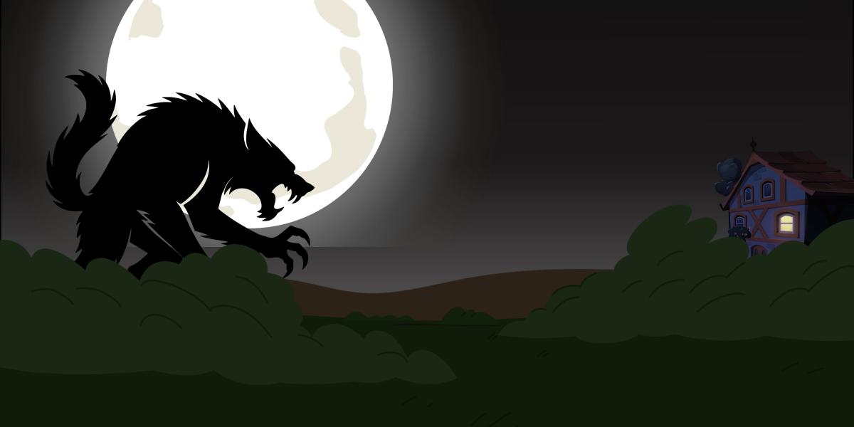 Illustration repr&eacute;sentant la silhouette noire d'un loup garou devant la pleine lune, celui-ci se dirige vers une maison isol&eacute;e